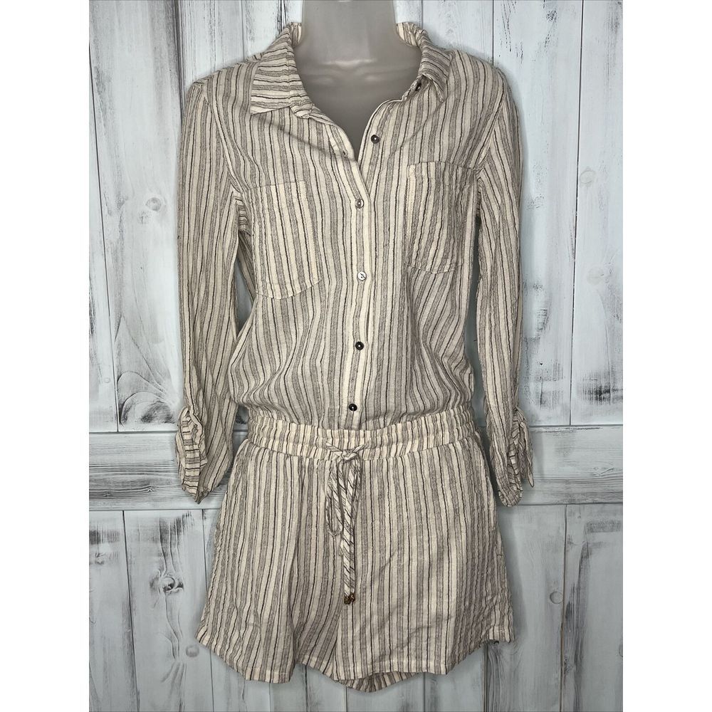 REVOLVE HEARTLOOM OCTAVIA STRIPED LINEN‎ BLEND BUTTON UP AIRY BEACH ROMPER S